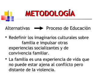 METODOLOGÍA
Alternativas Proceso de Educación
 Redefinir los imaginarios culturales sobre
familia e impulsar otras
experi...