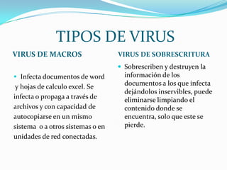 TIPOS DE VIRUS
VIRUS DE MACROS                   VIRUS DE SOBRESCRITURA
                                   Sobrescriben y destruyen la
 Infecta documentos de word        información de los
 y hojas de calculo excel. Se       documentos a los que infecta
                                    dejándolos inservibles, puede
infecta o propaga a través de       eliminarse limpiando el
archivos y con capacidad de         contenido donde se
autocopiarse en un mismo            encuentra, solo que este se
sistema o a otros sistemas o en     pierde.
unidades de red conectadas.
 