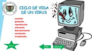 CICLO DE VIDA 
DE UN VIRUS 
 creación 
 gestación 
 reproducción 
 activación 
 descubrimiento 
 asimilación 
 erradicación 
INICIO 
ATRÁS ADELANTE 
 