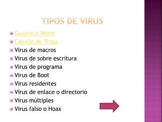  Gusano o Worm
 Caballo de Troya
 Virus de macros
 Virus de sobre escritura
 Virus de programa
 Virus de Boot
 Virus residentes
 Virus de enlace o directorio
 Virus múltiples
 Virus falso o Hoax
 