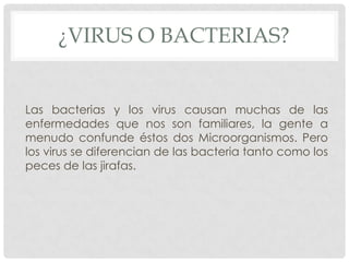 ¿VIRUS O BACTERIAS?


Las bacterias y los virus causan muchas de las
enfermedades que nos son familiares, la gente a
menudo confunde éstos dos Microorganismos. Pero
los virus se diferencian de las bacteria tanto como los
peces de las jirafas.
 
