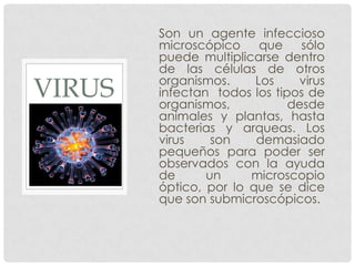 Son un agente infeccioso
        microscópico     que    sólo
        puede multiplicarse dentro
        de las células de otros
VIRUS   organismos.
        organismos,
                        Los    virus
        infectan todos los tipos de
                              desde
        animales y plantas, hasta
        bacterias y arqueas. Los
        virus    son    demasiado
        pequeños para poder ser
        observados con la ayuda
        de      un     microscopio
        óptico, por lo que se dice
        que son submicroscópicos.
 