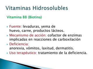 Vitamina B8 (Biotina)Fuente: levaduras, yema de huevo, carne, productos lácteos.Mecanismo de acción: cofactor de enzimas implicadas en reacciones de carboxilaciónDeficiencia: anorexia, vómitos, laxitud, dermatitis.Uso terapéutico: tratamiento de la deficiencia.Vitaminas Hidrosolubles