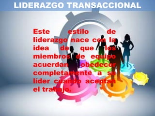 LIDERAZGO TRANSACCIONAL


   Este      estilo   de
   liderazgo nace con la
   idea    de   que  los
   miembros de equipo
   acuerdan     obedecer
   completamente a su
   líder cuando aceptan
   el trabajo.
 