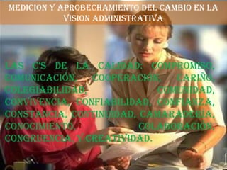 MEDICION Y APROBECHAMIENTO DEL CAMBIO EN LA
            VISION ADMINISTRATIVA




Las C’s de la Calidad: Compromiso,
Comunicación,   Cooperación,   Cariño,
Colegiabilidad,             Comunidad,
Convivencia, Confiabilidad, Confianza,
Constancia, Continuidad, Camaradería,
Conocimiento,            Colaboración,
Congruencia, Y Creatividad.
 