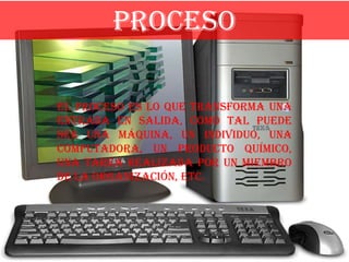 PROCESO

El proceso es lo que transforma una
entrada en salida, como tal puede
ser una máquina, un individuo, una
computadora, un producto químico,
una tarea realizada por un miembro
de la organización, etc.
 