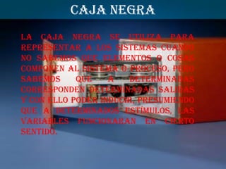 CAJA NEGRA
La caja negra se utiliza para
representar a los sistemas cuando
no sabemos que elementos o cosas
componen al sistema o proceso, pero
sabemos     que    a   determinadas
corresponden determinadas salidas
y con ello poder inducir, presumiendo
que a determinados estímulos, las
variables funcionaran en cierto
sentido.
 
