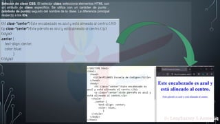 Selector de clase CSS. El selector class selecciona elementos HTML con
un atributo de class específico. Se utiliza con un carácter de punto .
(símbolo de punto) seguido del nombre de la clase. La diferencia principal
respecto a los IDs.
By LeaySazory & Azmeruq
 