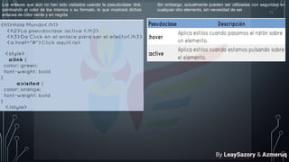 Los enlaces que aún no han sido visitados usando la pseudoclase :link,
cambiando el color de los mismos o su formato, lo que mostrará dichos
enlaces de color verde y en negrita
Sin embargo, actualmente pueden ser utilizadas con seguridad en
cualquier otro elemento, sin necesidad de ser .
By LeaySazory & Azmeruq
 