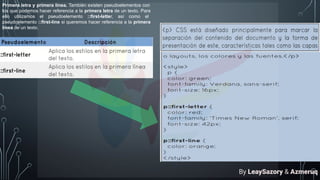 Primera letra y primera línea. También existen pseudoelementos con
los que podemos hacer referencia a la primera letra de un texto. Para
ello utilizamos el pseudoelemento ::first-letter, así como el
pseudoelemento ::first-line si queremos hacer referencia a la primera
línea de un texto.
By LeaySazory & Azmeruq
 