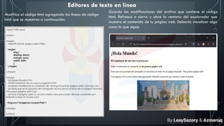 Modifica el código html agregando las líneas de código
html que se muestran a continuación:
Guarda las modificaciones del archivo que contiene el código
html. Refresca o cierra y abre la ventana del explorador que
muestra el contenido de tu página web. Deberás visualizar algo
como lo que sigue:
Editores de texto en línea
By LeaySazory & Azmeruq
 