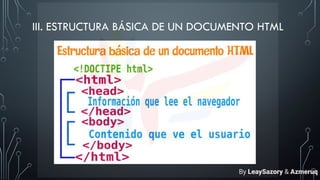 III. ESTRUCTURA BÁSICA DE UN DOCUMENTO HTML
By LeaySazory & Azmeruq
 