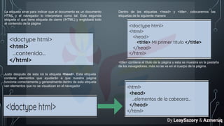 La etiqueta sirve para indicar que el documento es un documento
HTML y el navegador lo interpretara como tal. Esta segunda
etiqueta sí que tiene etiqueta de cierre (/HTML) y englobará todo
el contenido de la página
Justo después de esta irá la etiqueta <head>. Esta etiqueta
contiene elementos que ayudarán a que nuestra página
funcione correctamente y generalmente dentro de esta etiqueta
van elementos que no se visualizan en el navegador
Dentro de las etiquetas <head> y <title>, colocaremos las
etiquetas de la siguiente manera
<title> contiene el título de la página y esta se muestra en la pestaña
de los navegadores, más no se ve en el cuerpo de la página.
By LeaySazory & Azmeruq
 