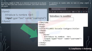 El elemento (input) en HTML es un elemento fundamental de la etiqueta
form. Se utiliza para crear campos de formulario, para recibir información
del usuario
Si escribimos en nuestro editor de texto el código anterior y
guardamos y
By LeaySazory & Azmeruq
 