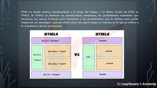 HTML ha tenido muchas actualizaciones a lo largo del tiempo, y la última versión de HTML es
HTML5. En HTML5 se destacan sus características semánticas, las posibilidades multimedia que
incorpora, las nuevas funciones para formulario y las características que se definen para poder
integrarse con tecnologías que permitirán abrir una nueva etapa en Internet, en lo que se refiere a
la arquitectura de las aplicaciones.
By LeaySazory & Azmeruq
 