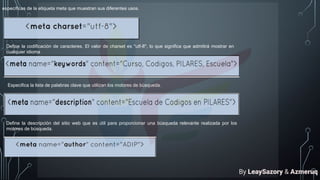 específicas de la etiqueta meta que muestran sus diferentes usos.
Define la codificación de caracteres. El valor de charset es "utf-8", lo que significa que admitirá mostrar en
cualquier idioma
Especifica la lista de palabras clave que utilizan los motores de búsqueda.
Define la descripción del sitio web que es útil para proporcionar una búsqueda relevante realizada por los
motores de búsqueda.
By LeaySazory & Azmeruq
 