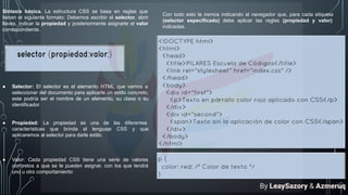 Sintaxis básica. La estructura CSS se basa en reglas que
tienen el siguiente formato: Debemos escribir el selector, abrir
llaves, indicar la propiedad y posteriormente asignarle el valor
correspondiente.
● Selector: El selector es el elemento HTML que vamos a
seleccionar del documento para aplicarle un estilo concreto,
este podría ser el nombre de un elemento, su clase o su
identificador.
● Propiedad: La propiedad es una de las diferentes
características que brinda el lenguaje CSS y que
aplicaremos al selector para darle estilo.
● Valor: Cada propiedad CSS tiene una serie de valores
concretos a que se le pueden asignar, con los que tendrá
uno u otro comportamiento
Con todo esto le iremos indicando al navegador que, para cada etiqueta
(selector especificado) debe aplicar las reglas (propiedad y valor)
indicadas.
By LeaySazory & Azmeruq
 