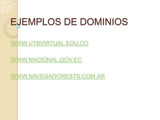 EJEMPLOS DE DOMINIOS

WWW.UTBVIRTUAL.EDU.CO

WWW.NACIONAL.GOV.EC

WWW.NAVEGADORESTS.COM.AR
 