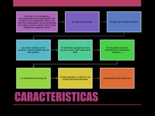 La Web 2.0 se caracteriza
principalmente por la participación del
usuario como contribuidor activo y no
solo como espectador de los contenidos
de la Web (usuario pasivo). Esto queda
reflejado en aspectos como:

El auge de los blogs.

El auge de las redes sociales.

Las webs creadas por los
usuarios, usando plataformas de
auto-edición.

El contenido agregado por los
usuarios como valor clave de la
Web.

El etiquetado colectivo
(folcsonomía, marcadores
sociales...).

La importancia del long tail

El beta perpetuo: la Web 2.0 se
inventa permanentemente.

Aplicaciones web dinámicas.

CARACTERISTICAS

 