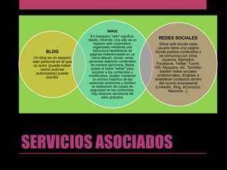 BLOG
Un blog es un espacio
web personal en el que
su autor (puede haber
varios autores
autorizados) puede
escribir

WIKIS
En hawaiano "wiki" significa:
rápido, informal. Una wiki es un
espacio web corporativo,
organizado mediante una
estructura hipertextual de
páginas (referenciadas en un
menú lateral), donde varias
personas elaboran contenidos
de manera asíncrona. Basta
pulsar el botón "editar" para
acceder a los contenidos y
modificarlos. Suelen mantener
un archivo histórico de las
versiones anteriores y facilitan
la realización de copias de
seguridad de los contenidos.
Hay diversos servidores de
wikis gratuitos.

REDES SOCIALES
Sitios web donde cada
usuario tiene una página
donde publica contenidos y
se comunica con otros
usuarios. Ejemplos:
Facebook, Twitter, Tuenti,
Hi5, Myspace, etc. También
existen redes sociales
profesionales, dirigidas a
establecer contactos dentro
del mundo empresarial
(LinkedIn, Xing, eConozco,
Neurona...).

SERVICIOS ASOCIADOS

 