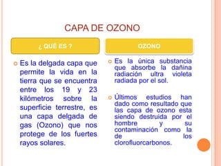 CONTAMINACIÓN VISUAL Provocado por cantidad de avisos publicitarios o colores que por su variedad e intensidad afectan las condiciones de vida de los seres vivos.Principales causas:- Exceso de avisos publicitarios e informativos.- Luces y colores intensos- Cambios del paisaje natural por actividades humanas (campamentos petroleros, campamentos mineros, crecimiento de las ciudades, etc.).