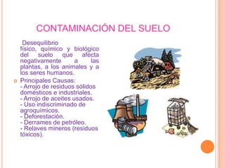 Contaminación ambientalSon aquellos cambios indeseables en las características del ambiente que afectan a todos los seres humanos. Se generan de forma natural o por el ser humano.- Contaminación del agua- Contaminación del suelo- Contaminación del aire- Contaminación sonora- Contaminación visual- Contaminación térmica¿ Qué es ? Tipos de Contaminación