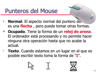 Punteros del Mouse Normal . El aspecto normal del puntero del ratón es una  flecha  , pero puede tomar otras formas. Ocupado . Tiene la forma de un  reloj de arena . El ordenador está procesando y no permite hacer ninguna otra operación hasta que no acabe la actual. Texto . Cuando estamos en un lugar en el que es posible escribir texto toma la forma de “ I ”.  