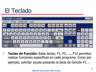 El Teclado Teclas de Función:  Estas teclas, F1, F2, ..., F12 permiten realizar funciones específicas en cada programa. Como por ejemplo, solicitar ayuda pulsando la tecla de función F1.  .  