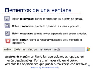 Elementos de una ventana Botón  minimizar : iconiza la aplicación en la barra de tareas. Botón  maximizar : amplia la aplicación en toda la pantalla. Botón  restaurar :  permite volver la pantalla a su estado anterior. Botón  cerrar :  cierra la ventana y descarga de la memoria la aplicación. La Barra de Menús :  contiene las operaciones agrupadas en menús desplegables. Por ej.: al hacer clic en  Archivo , veremos las operaciones que pueden realizarse con archivos  . 