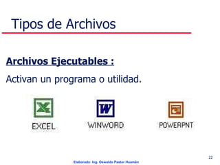 Tipos de Archivos   Archivos Ejecutables : Activan un programa o utilidad. 