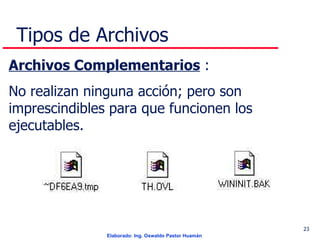 Tipos de Archivos   Archivos Complementarios  : No realizan ninguna acción; pero son imprescindibles para que funcionen los ejecutables. 