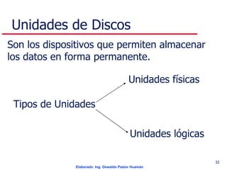 Unidades de Discos Son los dispositivos que permiten almacenar los datos en forma permanente. Tipos de Unidades Unidades físicas Unidades lógicas 