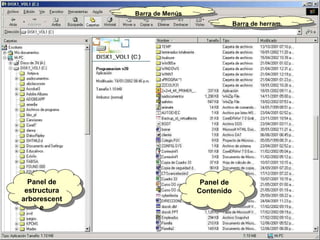 Panel de estructura arborescente Panel de Contenido Barra de herram. Barra de Menús 