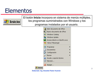 Elementos El botón  Inicio  incorpora en sistema de menús múltiples, los programas suministrados con Windows y los programas instalados por el usuario.   