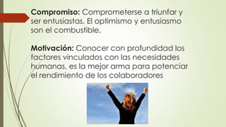Compromiso: Comprometerse a triunfar y
ser entusiastas. El optimismo y entusiasmo
son el combustible.
Motivación: Conocer con profundidad los
factores vinculados con las necesidades
humanas, es la mejor arma para potenciar
el rendimiento de los colaboradores
 