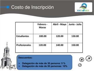 Costo de InscripciónDescuentos:    Delegación de más de 30 persona: 5 % 