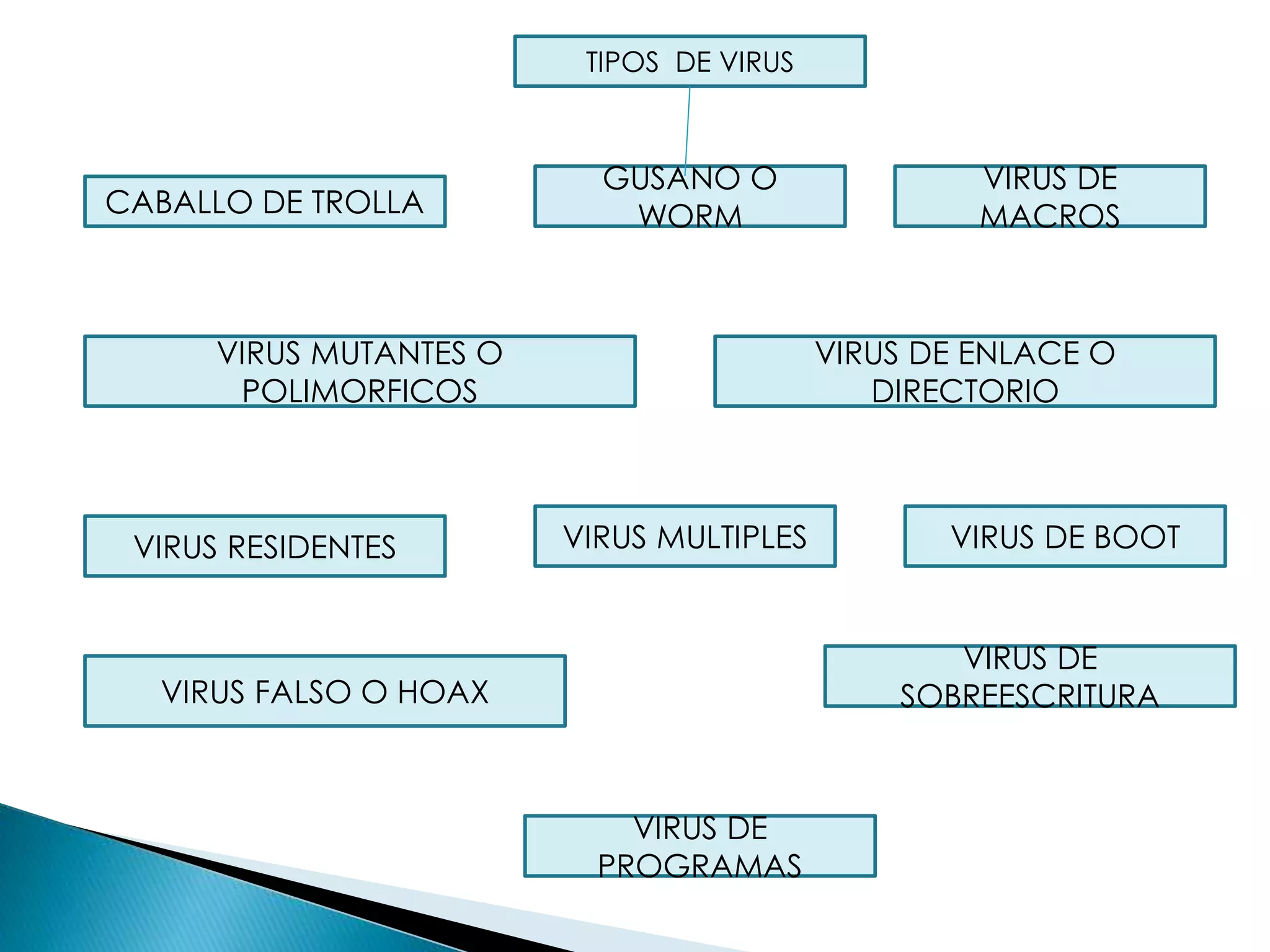 TIPOS DE VIRUS
CABALLO DE TROLLA
GUSANO O
WORM
VIRUS DE
MACROS
VIRUS DE
SOBREESCRITURA
VIRUS DE
PROGRAMAS
VIRUS DE BOOTVIRUS RESIDENTES
VIRUS DE ENLACE O
DIRECTORIO
VIRUS MUTANTES O
POLIMORFICOS
VIRUS FALSO O HOAX
VIRUS MULTIPLES
 
