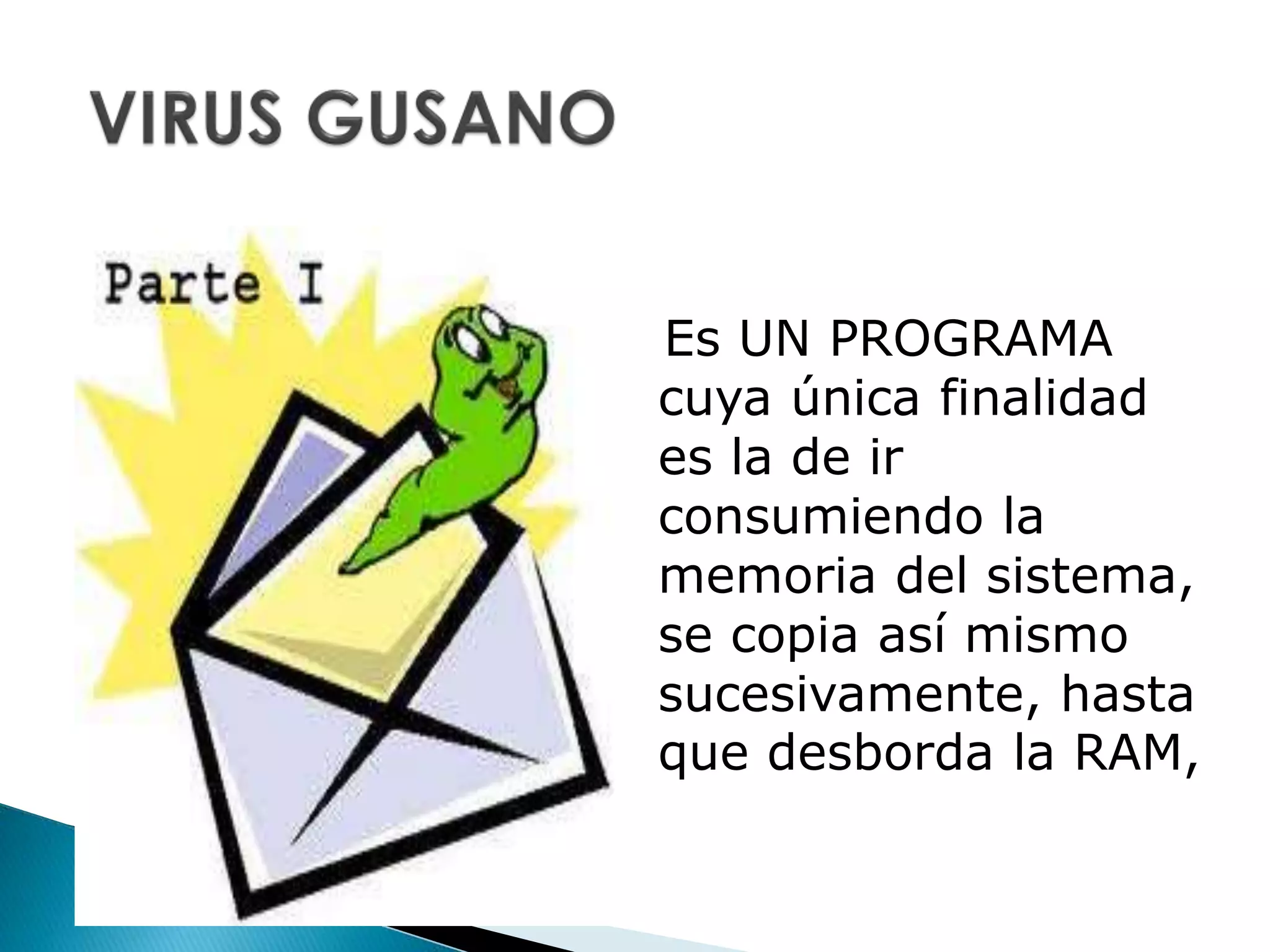 Es UN PROGRAMA
cuya única finalidad
es la de ir
consumiendo la
memoria del sistema,
se copia así mismo
sucesivamente, hasta
que desborda la RAM,
 