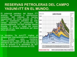 RESERVAS PETROLERAS DEL CAMPO
    YASUNÍ-ITT EN EL MUNDO.
El potencial petrolero del bloque ITT
alcanza, de acuerdo a estimaciones
recientes, 846 millones de barriles
recuperables de crudo pesado de 14.7
API. La explotación petrolera de este
campo supondría la producción de
aproximadamente 107.000 barriles diarios
durante 13 años, y luego los pozos
entrarían en su fase declinante por doce
años adicionales.

La Iniciativa Ya suní-ITT implica el
compromiso internacionalmente vinculante
de       Ecuador       para      mantener
indefinidamente bajo tierra las reservas
petroleras del campo ITT. De esta forma se
evita la emisión a la atmósfera de 407
millones de toneladas métricas de CO2.
 