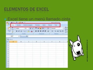 ELEMENTOS DE EXCEL
Excel tiene un menú llamado cinta