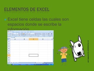 ELEMENTOS DE EXCEL
Excel tiene celdas las cuales son
espacios donde se escribe la
información