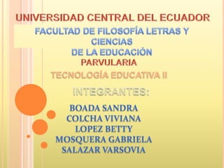 UNIVERSIDAD CENTRAL DEL ECUADOR FACULTAD DE FILOSOFÍA LETRAS Y CIENCIAS  DE LA EDUCACIÓN  PARVULARIA TECNOLOGÍA EDUCATIVA II INTEGRANTES: BOADA SANDRA COLCHA VIVIANA LOPEZ BETTY MOSQUERA GABRIELA SALAZAR VARSOVIA 
