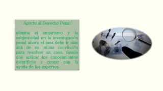 Aporte al Derecho Penal
elimina el empirismo y la
subjetividad en la investigación
penal ahora el juez debe ir más
allá de su íntima convicción
para resolver un caso, tienen
que aplicar los conocimientos
científicos y contar con la
ayuda de los expertos.
 
