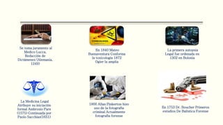 Se toma juramento al
Medico Lucca,
Redacción de
Dictámenes (Alemania,
1249)
La primera autopsia
Legal fue ordenada en
1302 en Bolonia
La Medicina Legal
Atribuye su iniciación
formal Ambrosio Pare
(1575) Continuada por
Paolo Sacchias(1651)
En 1753 Dr. Boucher Primeros
estudios De Balística Forense
En 1840 Mateo
Buenaventura Conforma
la toxicología 1872
Ogier la amplia
1866 Allan Pinkerton hizo
uso de la fotografía
criminal Actualmente
fotografía forense
 