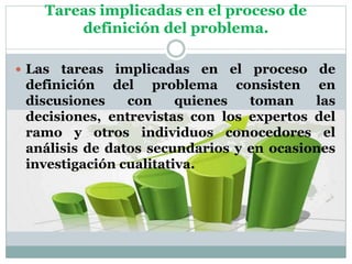 Tareas implicadas en el proceso de
definición del problema.
 Las tareas implicadas en el proceso de
definición del problema consisten en
discusiones con quienes toman las
decisiones, entrevistas con los expertos del
ramo y otros individuos conocedores el
análisis de datos secundarios y en ocasiones
investigación cualitativa.
 