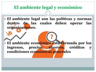 El ambiente legal y económico
 El ambiente legal son las políticas y normas
dentro de las cuales deben operar las
organizaciones.
 El ambiente económico esta formada por los
ingresos, precios, ahorros, créditos y
condiciones económicas generales
 