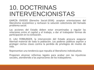 10. DOCTRINAS
INTERVENCIONISTAS
GARCÍA OVIEDO (Derecho Social-1934): aceptan orientaciones del
liberalismo económico y rechazan la solución colectivista del llamado
problema social.
Las acciones del Estado deben estar encaminadas a regular las
relaciones entre el capital y el trabajo, a dar al trabajador formas de
participación en la civilización.
H. LAU FERBURGER, la intervención del Estado procura asegurar
libertad material de toda la población. Los poderes públicos aspiran a
proteger ciertas clases contra la perdida de privilegios de niveles de
vida.
Representan una tendencia que repudia al liberalismo individualista.
Proponen alcanzar reformas legales para acabar con las injusticias
sociales, atendiendo a las aspiraciones de los trabajadores.
 