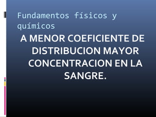 Fundamentos físicos y
químicos

A MENOR COEFICIENTE DE
DISTRIBUCION MAYOR
CONCENTRACION EN LA
SANGRE.

 