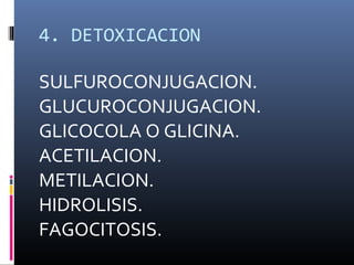 4. DETOXICACION
SULFUROCONJUGACION.
GLUCUROCONJUGACION.
GLICOCOLA O GLICINA.
ACETILACION.
METILACION.
HIDROLISIS.
FAGOCITOSIS.

 
