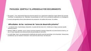 PSICOLOGÍA GENÉTICA Y EL APRENDIZAJE POR DESCUBRIMIENTO:
 De acuerdo a los instrumentos lógicos los alumnos alcanza una organización intelectual o lograr obtener las nociones
“científicas” no explicadas en los materiales de aprendizaje y en virtud de su actividad de exploración y e investigación.
 La teoría psicogenética ofrece potencialmente otra perspectiva de análisis del proceso de análisis.
dificultades de las nociones de “zona de desarrollo próximo”
 La relación entre el aprendizaje y desarrollo, no queda del todo claro en la medida que no llego a precisar aquella
“dinámica interna”
 Wertsch (1988) ha señalado que en ciertos momentos wigotsky le otorga al desarrollo una cierta dinámica interna y, en
otro, lo hacen depender casi exclusivamente del aprendizaje por instrucción.
 La noción llega hacer una representación simplificada del soporte social del aprendizaje de la diversidad interacciones
constitutivas, que van desde la motivación de los alumnos asta el tipo de instrucción.
 